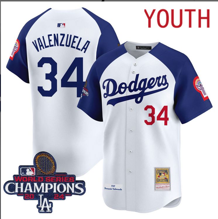 Youth MLB Los Angeles Dodgers 34 Valenzuela white 2024 World Series Champions Patch Cooperstown Jersey style 2
